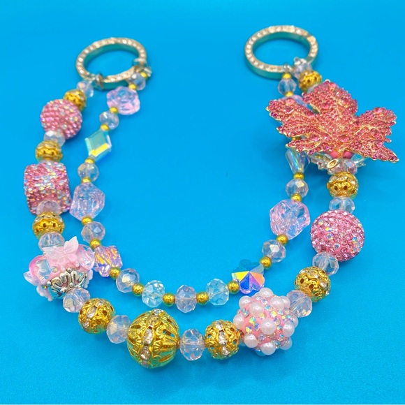 🍁Luxury Bag/Phone Chain Charm/Keychain Pink Rhinestone MAPLE LEAF Bling Beads